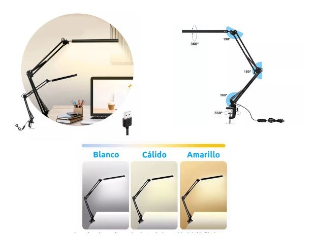 &u+ LAMPARA VELADOR LED BRAZO ARTICULADO LECTURA CON MORSA